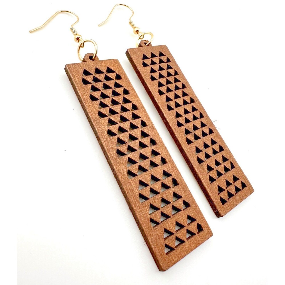 Chestnut Brown Triangles Laser Cut Wood Rectangular Earrings